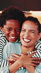 Home, face and mother with boy, hug and bonding together with happiness, trust and care. Portrait, apartment and family with parent, mama or son with embrace smile, child or relax with humor or laugh