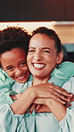 House, face and mother with son, hug and bonding together with happiness, trust or funny. Portrait, apartment or family with parent, mama or boy with embrace, child or relax with humor, smile or love
