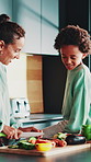 Cooking, mother and child with vegetables in kitchen for dinner, meal prep and eggplant knowledge. African family, people and cut fresh ingredients in home for healthy recipe, support and education