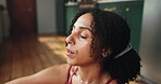 Breathing, meditation and zen with woman in home for balance, holistic health or mental wellness. Awareness, inner peace and relax with yoga person in apartment for fitness, healing or mindfulness