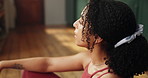 Breathing, yoga and zen with woman in home for holistic health, mindfulness or wellness. Awareness, balance and inner peace with yogi person on floor in apartment for break, healing or mindset