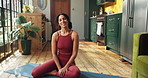 Face, yoga and woman in lounge, meditation and smile with fitness, morning routine and relax. Health, yogi and happy person with happiness, home or chakra with inner peace, zen and holistic healing