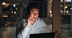 Man, stress and phone call at night, startup and confused with laptop, contact and talk at media company. Person, editor or writer with smartphone, tired or discussion on overtime at creative agency