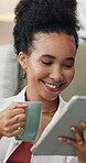 Coffee, smile and tablet with woman in living room of home for streaming recommendation or sign up. App, drink and subscription service review with happy person on apartment sofa for content search