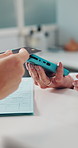 People, hands and doctor with credit card on pos machine for medical payment or application fee. Closeup, patient and debit with NFC, form or insurance for purchase, checkout or wireless transaction