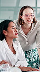 Creative office, meeting and business women with discussion for planning, online project and copywriting. Publishing agency, notebook and people with advice for research, feedback and website article