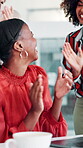 Applause, meeting or excited woman with tech in office for promotion, achievement or career success. Celebration, announcement or team clapping for good news, job development or laptop for happiness