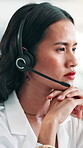 Call center, agent and woman with headset, thinking and planning for tech support or troubleshooting. Office, consultant and person with mic for communication, reflection and ideas for IT solution