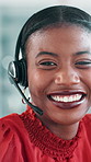 Face, call center and black woman in office, smile and communication with help desk. African person, consultant and agent in workplace, headset and system solution with customer service and happiness