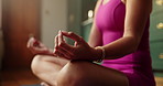 Hands, woman and yogas meditation for fitness with mindfulness, spiritual healing and awareness. Person, lotus pose and yogi with holistic balance, inner peace and mental health of self care at house