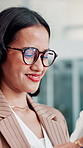Employee, glasses and woman with smartphone, typing or event planning with info and public relations. Coworking, publicist and person with mobile for press release, laughing and research in office