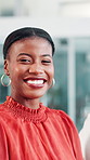 Face, media agency and black woman in office, smile and confidence with creative project. African person copywriting and journalist in workplace, happiness and pride with magazine editor and success