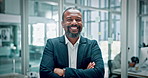 Businessman, smile and face in office with arms crossed, ambition and excited for finance career. Professional, portrait and consultant with job satisfaction, confidence and entrepreneur in startup
