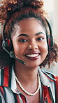 African woman, face and headset with smile at call center with pride, confident and customer support. Person, agent and consultant in portrait, happy and voip microphone at help desk in Nigeria