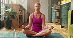 Calm woman, yoga and meditation with water bottle in home for zen workout, health and wellness. Female person, relax and lotus pose with mindfulness for awareness, balance or inner peace in house