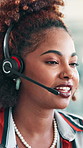 Woman, call center and talk with headset in office, explain or  contact with insight for customer support. Person, consultant and advisor with voip mic, help desk and review for service at agency