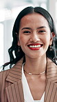 Fashion, face or woman in office with smile, experience or pride in style development. Happy, portrait or creative designer in agency with confidence, career or profession in clothing industry.