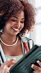 Happy, woman and research with tablet, office and event planning with info, app or public relations. Creative, publicist and black person with tech for press release, campaign and project on website