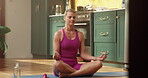 Woman, meditation and yoga for fitness on floor with mindfulness, spiritual healing and zen. Person, lotus pose and yogi with holistic balance, inner peace and mental health for self care at house
