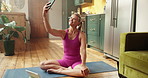 Happy woman, yoga and selfie with tablet for online workout session, photography or memory in home. Active, female person or picture with smile for capture moment, done exercise or virtual class