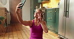 Happy woman, yoga and selfie with peace sign for online workout session, picture or memory in home. Active, female person or photography with smile for capture moment, fitness app or virtual class