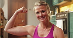 Face, strong or woman with flex in home for body goals, confidence or muscle progress for fitness training. Portrait, happy and athlete show bicep for workout results, achievement and pride for power