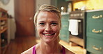 Face, woman and smile for yoga at house for fitness, wellness exercise and morning routine. Portrait, female person and relax from pilates, stress relief and happiness for self care practice in home