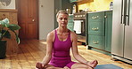 Woman, meditation and breathing for yoga in kitchen with mindfulness, spiritual healing and zen. Person, lotus pose and yogi with holistic balance, inner peace and mental health of self care at house