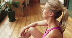 Fitness, thinking and woman on floor with rest, cool down or relax in home training session. Sport, reflection and female person in house with breathing, workout recovery or break in intense practice
