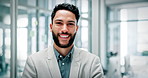 Businessman, smile and face in office with confidence, ambition and excited for finance career. Happy professional, portrait and consultant with job satisfaction, growth and entrepreneur in startup