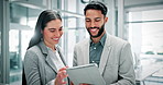Talking, office and business people on tablet in lobby for online proposal, research and consulting. Corporate, professional and man with woman on digital tech for discussion, project and feedback