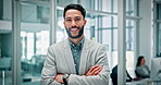 Businessman, arms crossed and face in office with confidence, ambition and smile for finance career. Professional, portrait and consultant with job satisfaction, management or entrepreneur in startup