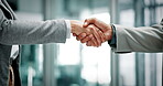 People, meeting and welcome with handshake in office for hiring, introduction and partnership. Closeup, staff and greeting with shaking hands, deal agreement and thank you for onboarding opportunity