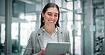 Businesswoman, smile or scroll with tablet in office for client email, finance report or feedback. Happy, person or browse in workplace with tech for financial proposal, online communication or info.