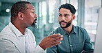 Business, men or discussion with computer in office for trading advice, explain stock price or update. Trader, teamwork and happy with tech for market research, financial news and monitor portfolio