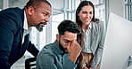 Disappointed, man and people with computer in office for bad news, financial loss or negative feedback. Unhappy, employee and team in workplace with pc for finance crisis, investment fail or problem.