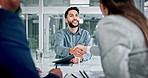 Business people, handshake or talk in office with document, b2b negotiation meeting or finance proposal. Shaking hands, employees and discussion with paperwork, financial investment or collaboration.