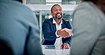 Business people, shaking hands or talk in office with meeting, b2b negotiation or finance proposal. Employees, handshake or discussion with collaboration, financial investment or venture capital fund