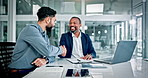 Handshake, meeting and business men in office with paperwork for finance deal, agreement and merger. Corporate, team and workers shaking hands for collaboration, partnership and financial contract