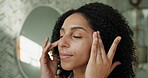 Skincare, facial oil or woman in home with application, hydration or vitamin benefit in soft skin. Dermatology, glow or girl in bathroom with serum massage, collagen or shine in anti aging treatment
