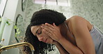Home, washing face or woman in bathroom, wellness or morning routine with facial hygiene. Wet, liquid or person with healthy skin, aqua or grooming with beauty, cleaning or water splash with benefits