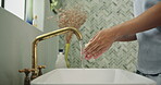 Basin, soap and washing hands with person in bathroom of home for hygiene or skincare routine. Cleaning, sink and tap with woman closeup in apartment to remove bacteria, dirt or germs for sanitation