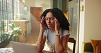 Home, headache and woman on laptop for stress, mistake and frustrated with online project. Remote work, freelancer and creative person with technology for fatigue, report and design issue or deadline