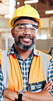 Black man, face and architect with confidence for wood construction, timber or furniture business. Portrait, male person or contractor with smile or arms crossed for carpentry production in workshop