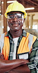 Black man, face and architect with confidence for construction, timber or furniture business. Portrait, male person or contractor with smile or arms crossed for carpentry production in workshop