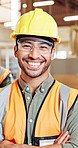 Happy man, face or architect with confidence for building, timber construction or furniture business. Portrait, male person or contractor with smile, hard hat or arms crossed for safety in workshop