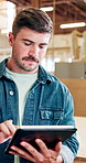 Man, carpenter and research with tablet for inventory, checklist or maintenance in workshop. Male person, carpentry or manager with technology or app for lumber, timber project or furniture business