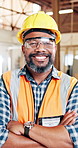 Happy face, black man and architect with confidence for wood production or building startup. Portrait, male person or timber engineer with smile or arms crossed for carpentry business or safety