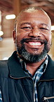 Happy, black man or face with professional carpenter in workshop for furniture business or startup. Portrait, male person or woodworker with smile for timber production or lumber service in warehouse