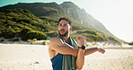 Beach sand, stretching and man with fitness, thinking or contemplation with nature. Outdoor, athlete or healthy person with routine, wellness or exercise with workout, breeze or training with warm up